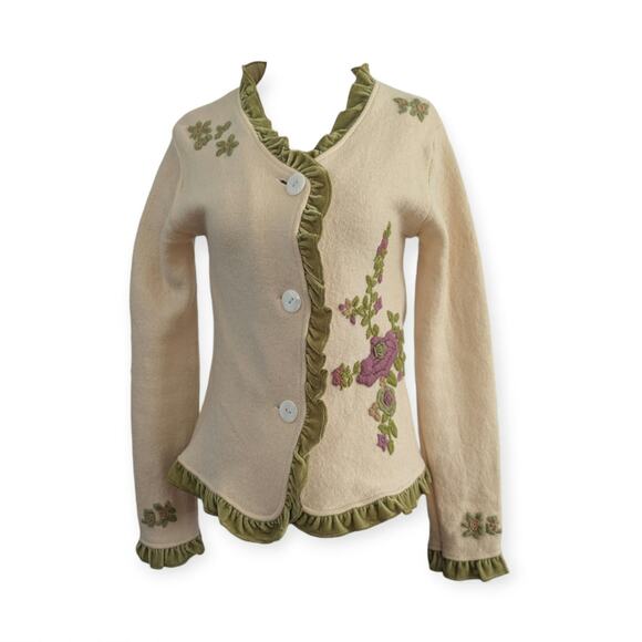 Tally-Ho Cream Wool Ruffle Cardigan with floral embroidery - Picture 1 of 11